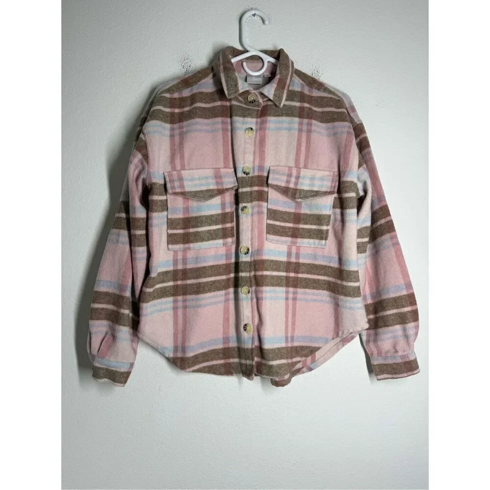 Barbie Woman's Wool Blend Buttono Pink Plaid Shacket Sz S Logo See Description